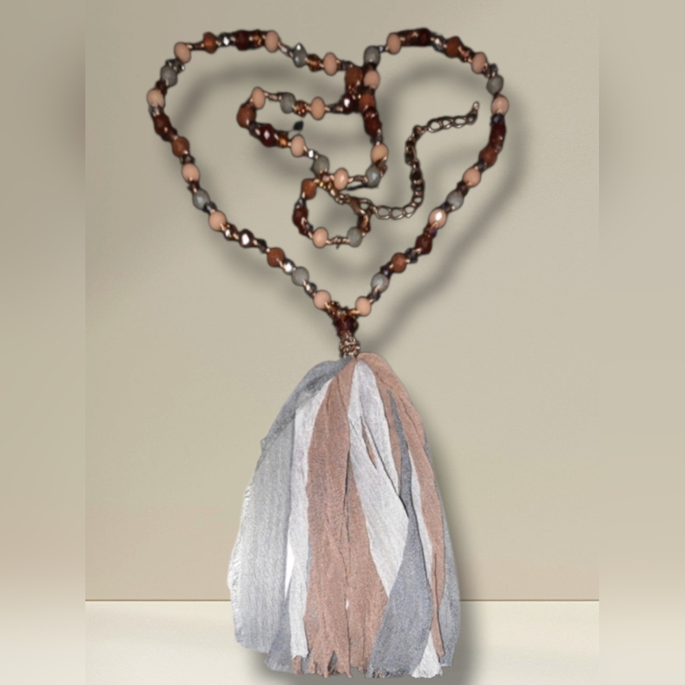 Long silk tassel crystal beaded adjustable necklace Boho approx 30+in